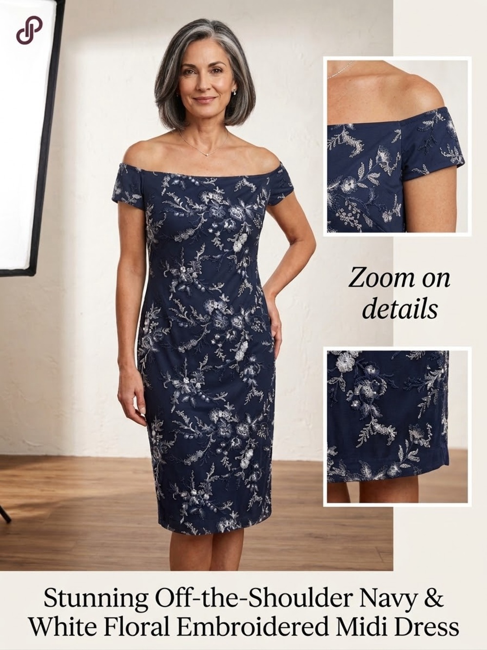 Calvin Klien Off-the-Shoulder Navy Floral Dress